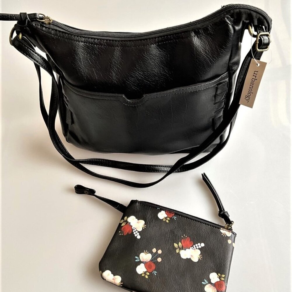 Urbanology 2-in-1 Black Crossbody Hobo Purse Set with Floral Pouch NWT